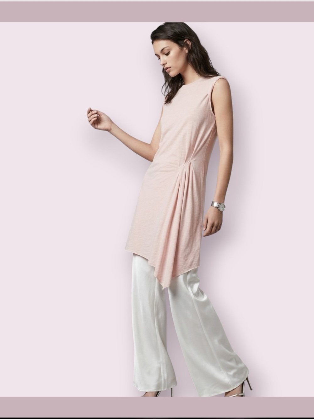 AllSaints Cami Pink Duma Asymmetrical Pleated Tunic Dress